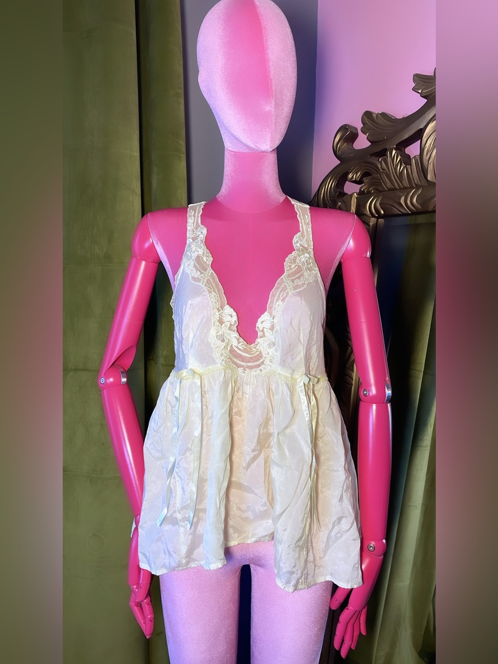 Free People Ivory Lace-Trim Satin Babydoll Chemise